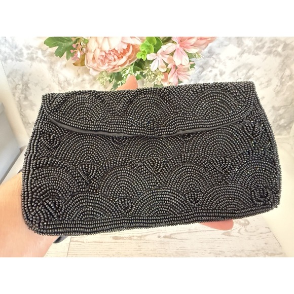 Hato Hasi Black Beaded Vintage Japan Satin Lined Clutch Evening Formal Purse EUC